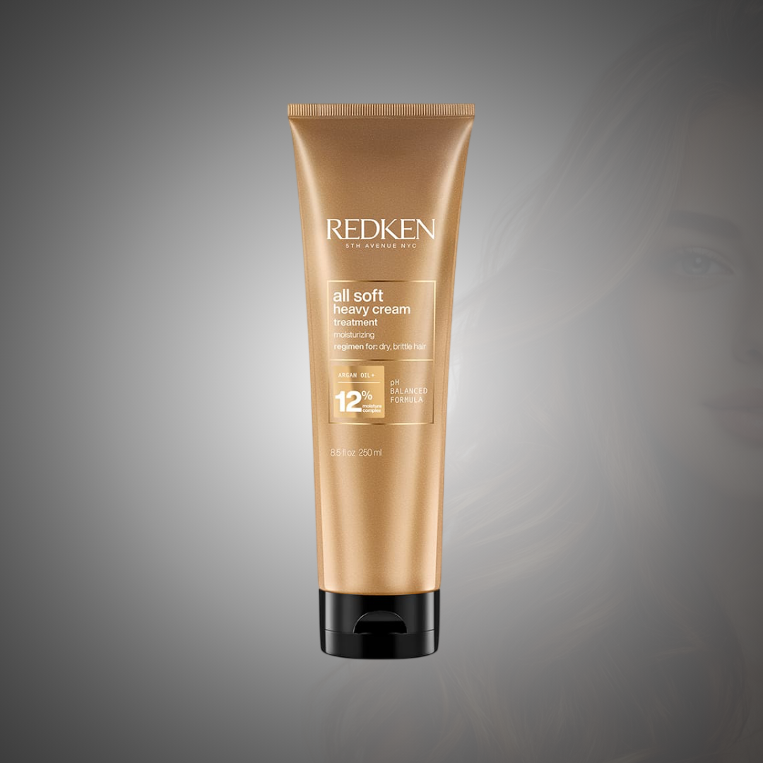 Redken All Soft Heavy Cream Mask con aceite de argán para hidratar profundamente el cabello seco y maltratado, reducir el frizz y aportar suavidad y brillo.