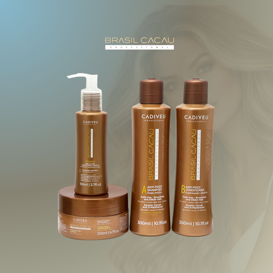 Kit Cadiveu Brasil Cacau con shampoo, acondicionador, mascarilla hidratante y primer anti-frizz.
