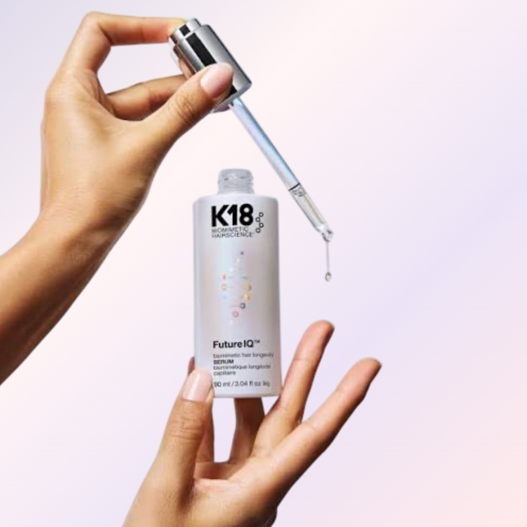 K18 Biomimetic Hairscience FutureIQ™ Biomimetic Hair Longevity Serum, sérum nocturno para cuero cabelludo que ayuda a reducir la caída, retrasar la aparición de canas, mejorar la barrera del cuero cabelludo y mantener un cabello de apariencia más densa y saludable.