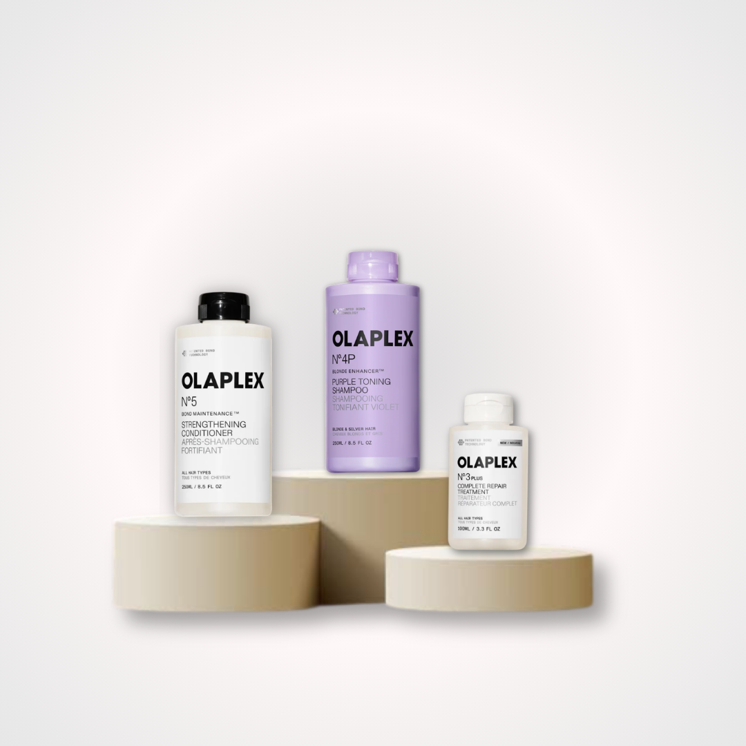 Productos Olaplex para el cuidado, reparación y fortalecimiento del cabello dañado, quebradizo y tratado químicamente, diseñados para mejorar la salud, suavidad, brillo y resistencia de la fibra capilar y matizados de cabello.