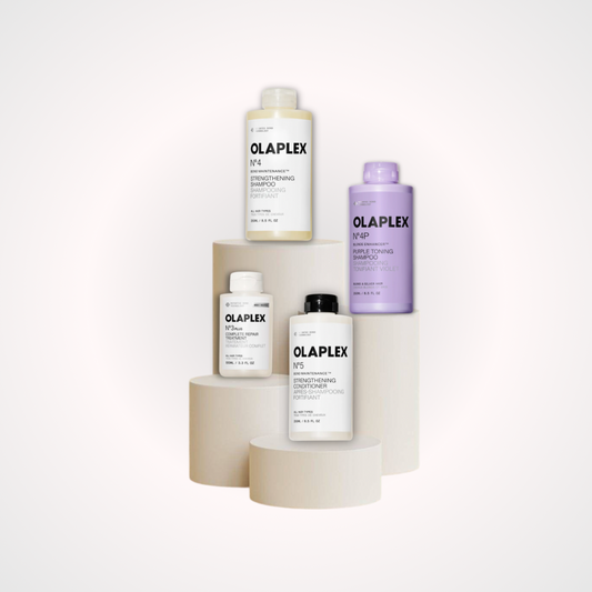 Productos Olaplex para el cuidado, reparación y fortalecimiento del cabello dañado, quebradizo y tratado químicamente, diseñados para mejorar la salud, suavidad, brillo y resistencia de la fibra capilar y matizados de cabello.