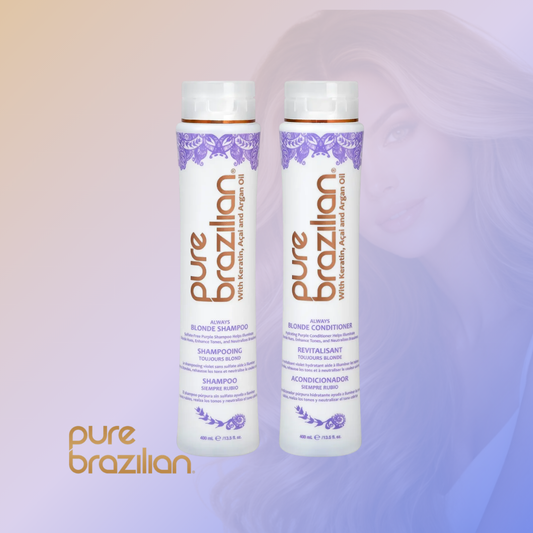 El Pure Brazilian Always Blonde Duo incluye el Always Blonde Shampoo y el Always Blonde Conditioner, una combinación formulada para limpiar delicadamente, hidratar profundamente y ayudar a neutralizar los tonos amarillos y anaranjados no deseados. Además de mantener el color más frío y luminoso, esta rutina deja el cabello más suave, brillante y fácil de peinar.