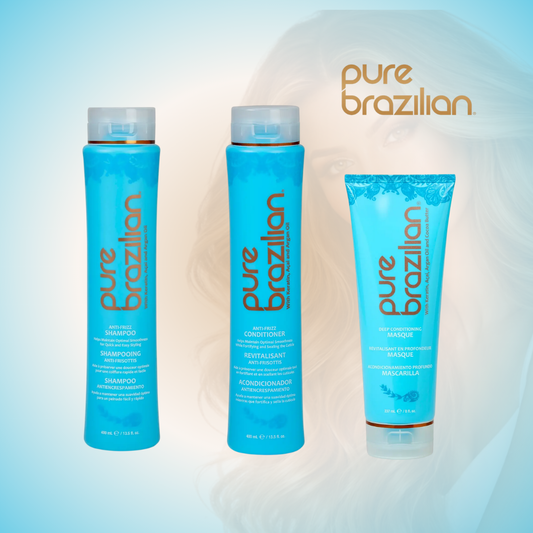 Pure Brazilian Hydration Trio reúne tres esenciales para transformar la apariencia y la salud del cabello: Anti-Frizz Shampoo, Anti-Frizz Conditioner y Deep Conditioner Masque. Juntos, ofrecen una rutina completa que limpia delicadamente, hidrata profundamente y ayuda a restaurar la suavidad, el brillo y la manejabilidad del cabello.

Esta rutina ayuda a eliminar las impurezas sin alterar el equilibrio natural del cabello, aporta hidratación intensa, fortalece la fibra capilar y combate el frizz desde el pr