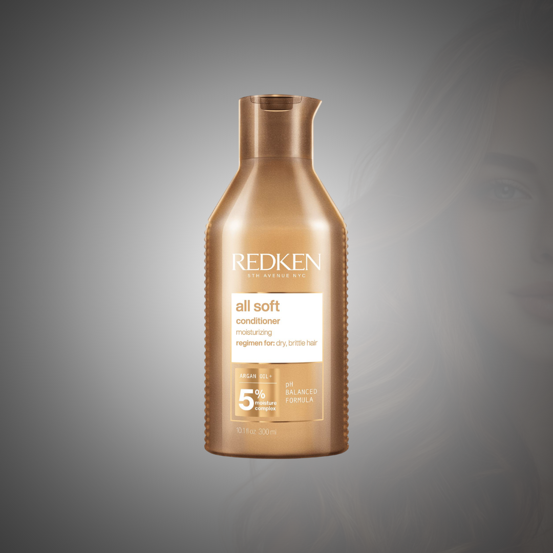 Redken All Soft Conditioner con aceite de argán para hidratar profundamente el cabello seco, reducir el frizz y dejarlo suave, brillante y fácil de desenredar.