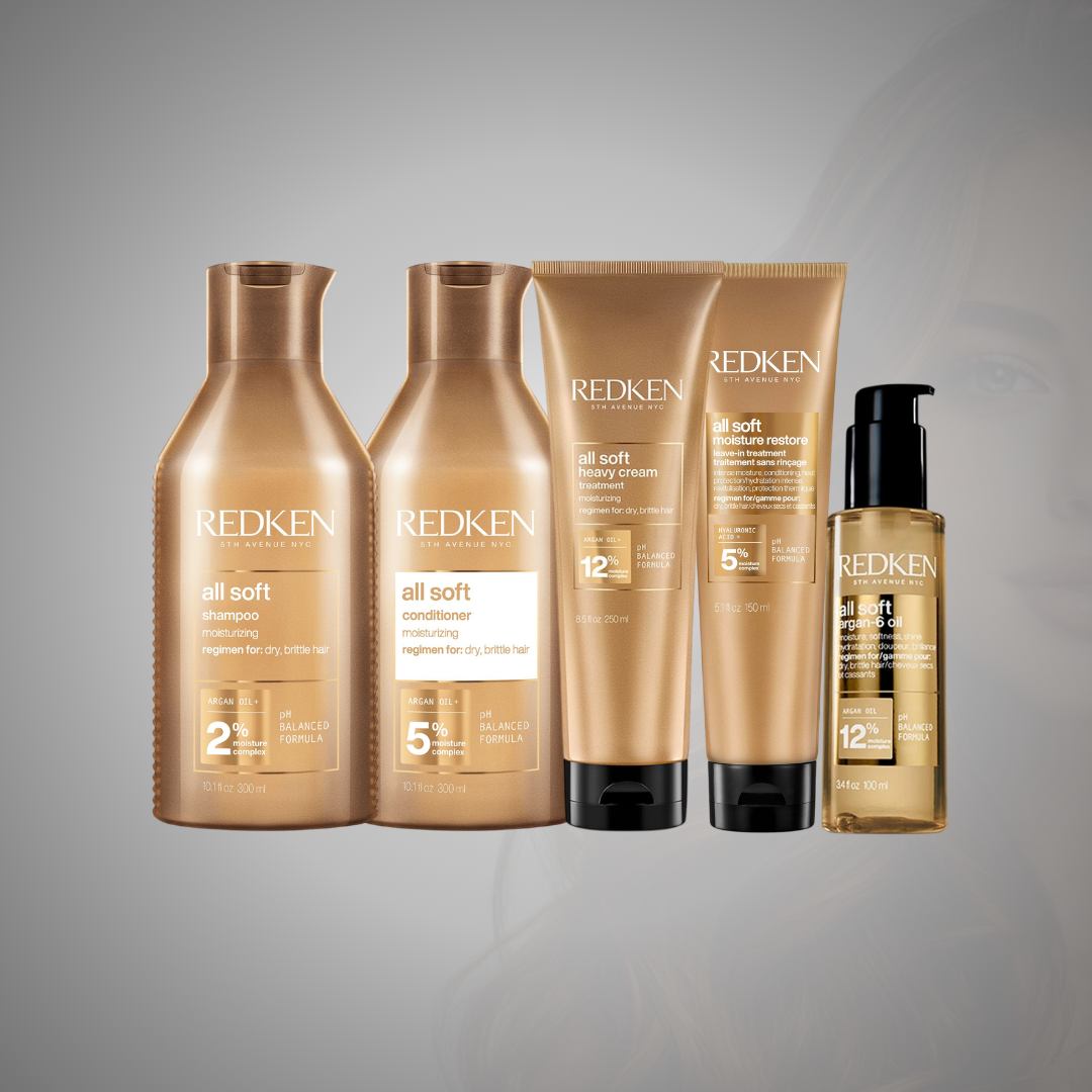 Redken All Soft Complete Routine con shampoo, acondicionador, mascarilla heavy cream mask, leave-in y aceite de argán  para hidratar profundamente el cabello seco, controlar el frizz y aportar suavidad y brillo profesional.