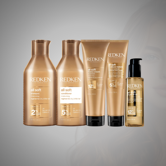 Redken All Soft Complete Routine con shampoo, acondicionador, mascarilla heavy cream mask, leave-in y aceite de argán  para hidratar profundamente el cabello seco, controlar el frizz y aportar suavidad y brillo profesional.