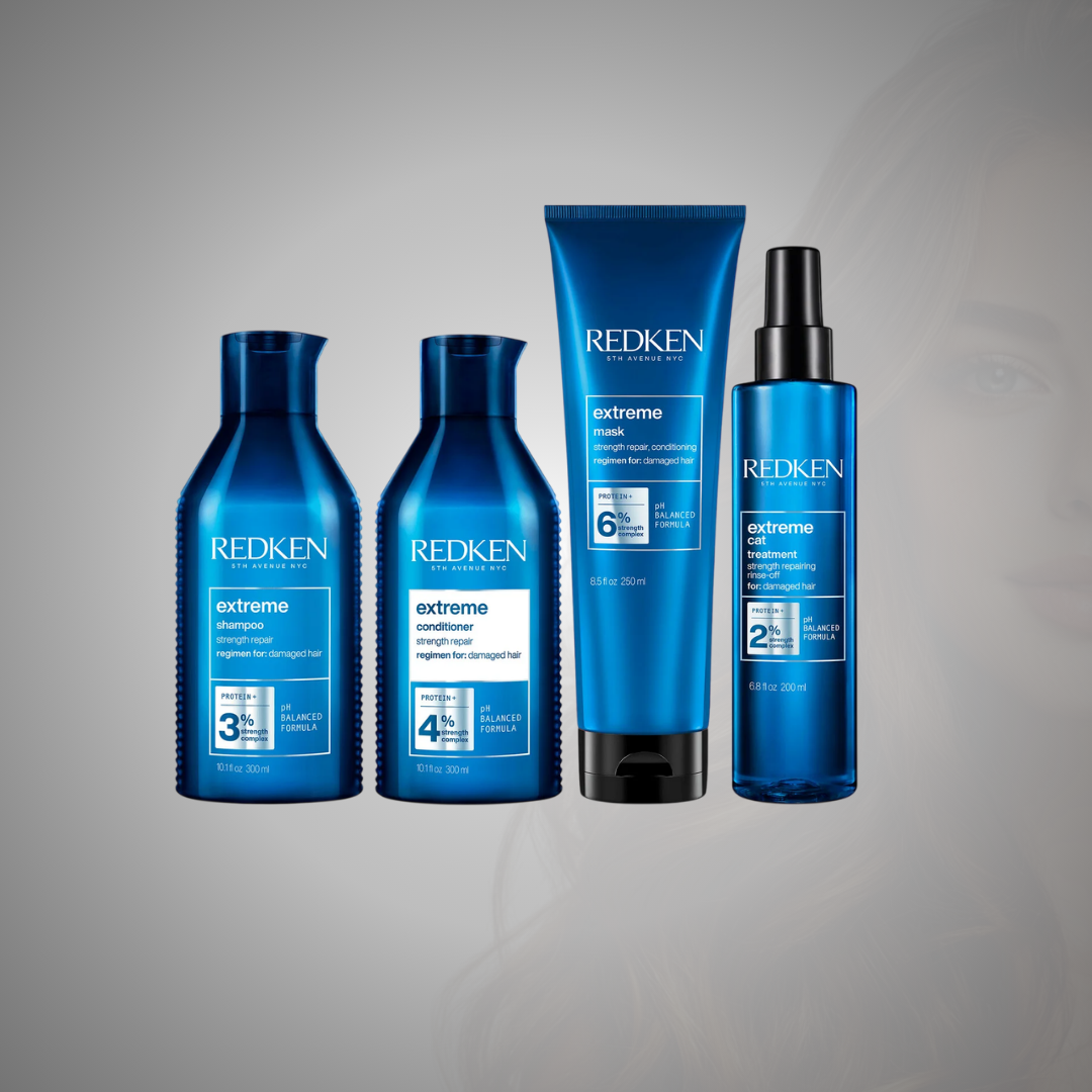 Redken Extreme Complete Routine con Redken Extreme Shampoo, Redken Extreme Conditioner, Redken Extreme Strength Builder Plus Mask y Redken Extreme CAT Protein Reconstructing Treatment para fortalecer, reparar y reducir el quiebre del cabello dañado.