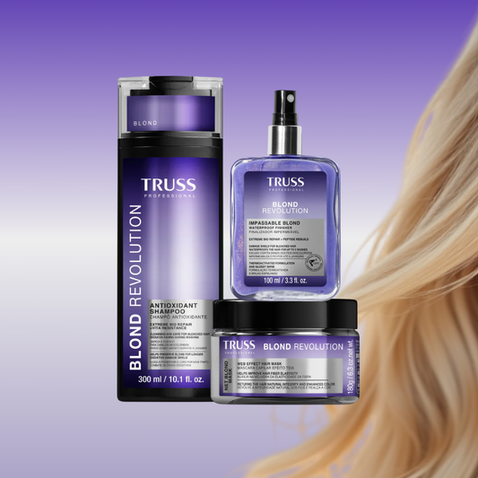 TRUSS Blonde Revolution Complete Kit con Blonde Revolution Shampoo, Net Blonde Mask e Impossible Blond para neutralizar tonos amarillos, hidratar, reparar y proteger el cabello rubio, platinado, con mechas o decolorado.