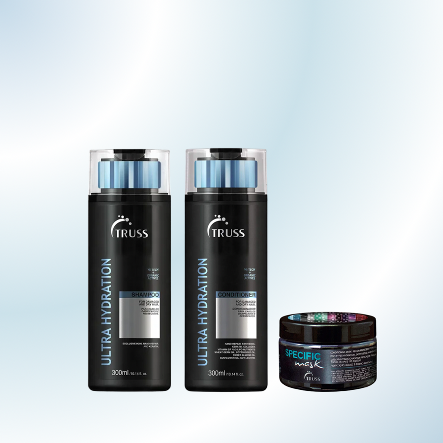 TRUSS Ultra Hydration Complete Hydration Set con Ultra Hydration Shampoo, Ultra Hydration Conditioner y Specific Mask, rutina completa para hidratar, suavizar y mejorar la manejabilidad del cabello seco y deshidratado.